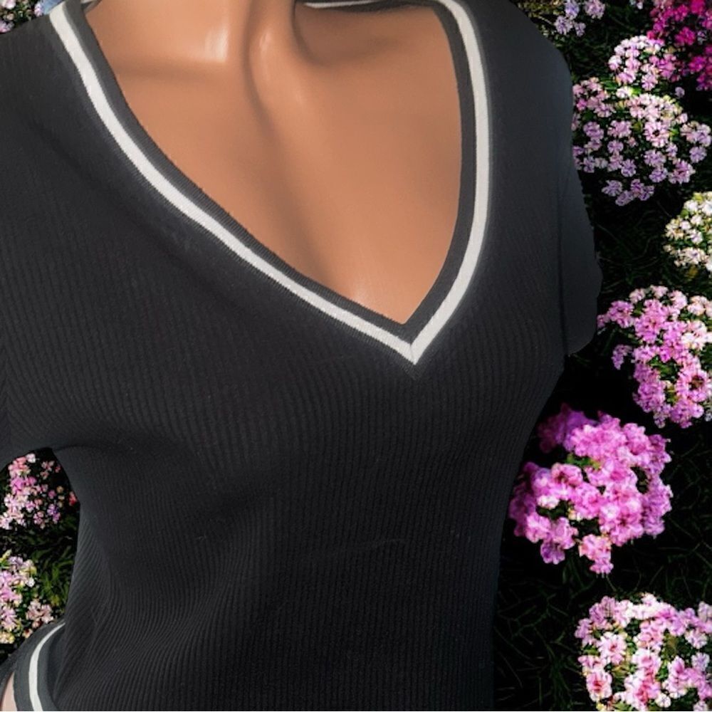 SHEIN l Ribbed Crop Top l Black w/ White trim l V-neck l 1X l EUC - Picture 3 of 12
